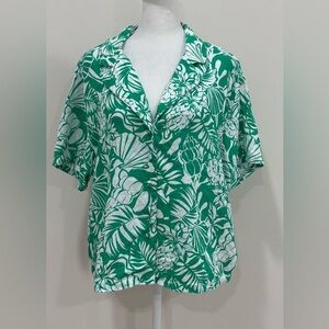 Nicole Miller Linen Top Women's Large Button Up Shirt Short Sleeve Floral Green